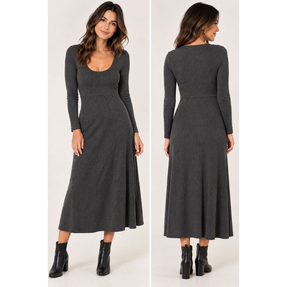 CAbi Charcoal Gray Ribbed Knit Midi Dress Medium Long Sleeve Scoop Neck